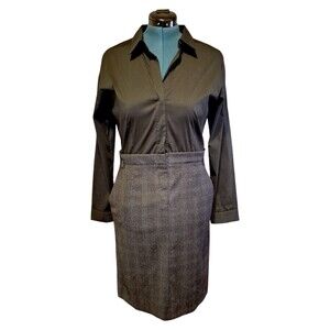 Theory Black charcoal Wool Blend Skirt Collared Long Sleeve Shirt Dress sz 8